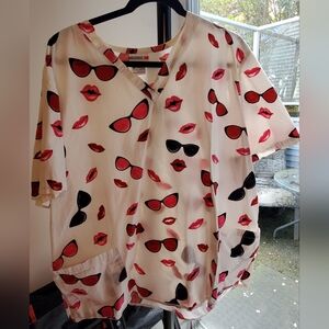 White Top with Red and Black Lips and Sunglasses Print
